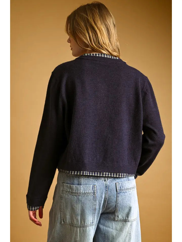Miou Muse Plaid Contrast Navy Crew Neck Cardigan