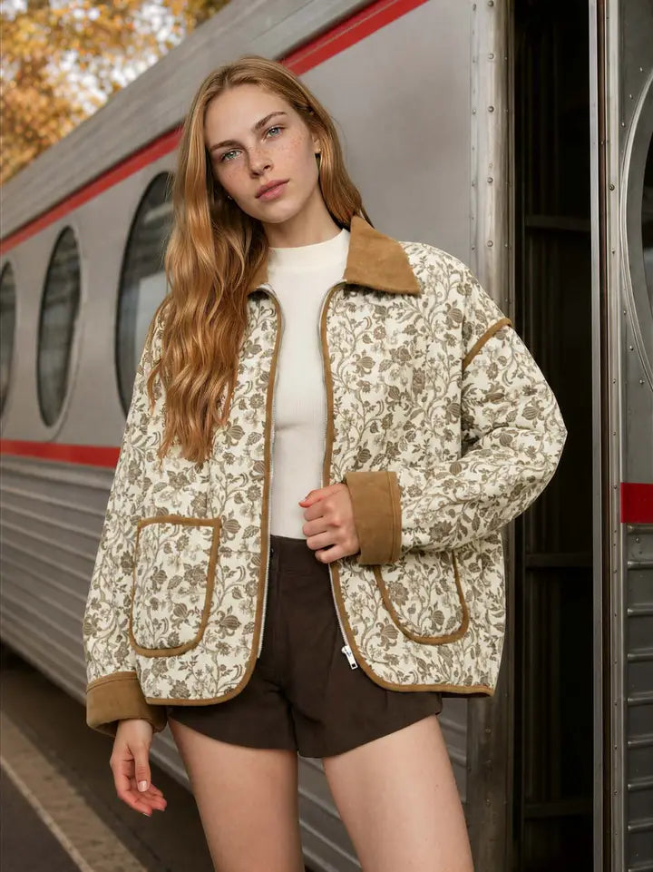 Blu Pepper Floral Toile Collared Zip-Up Quilted Jacket