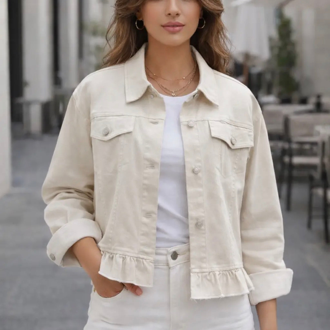 Boyfriend Peplum Hem Denim Jacket Summer Sand