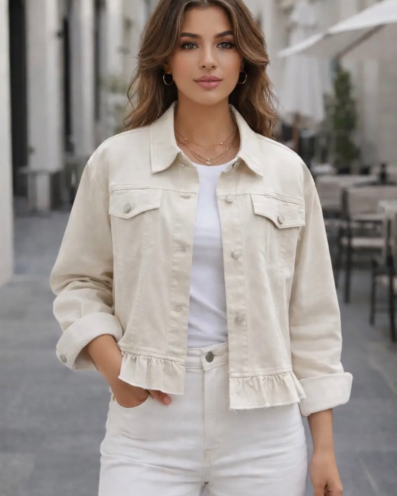 Boyfriend Peplum Hem Denim Jacket Summer Sand