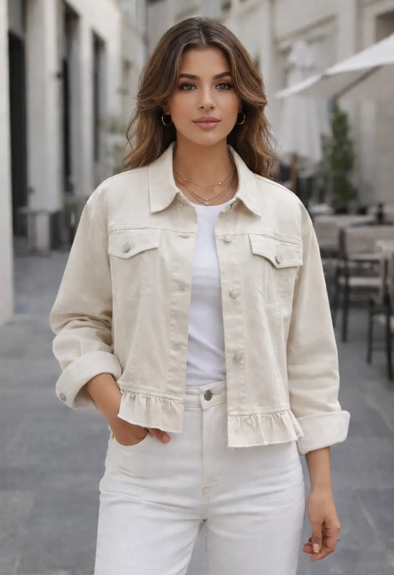 Boyfriend Peplum Hem Denim Jacket Summer Sand