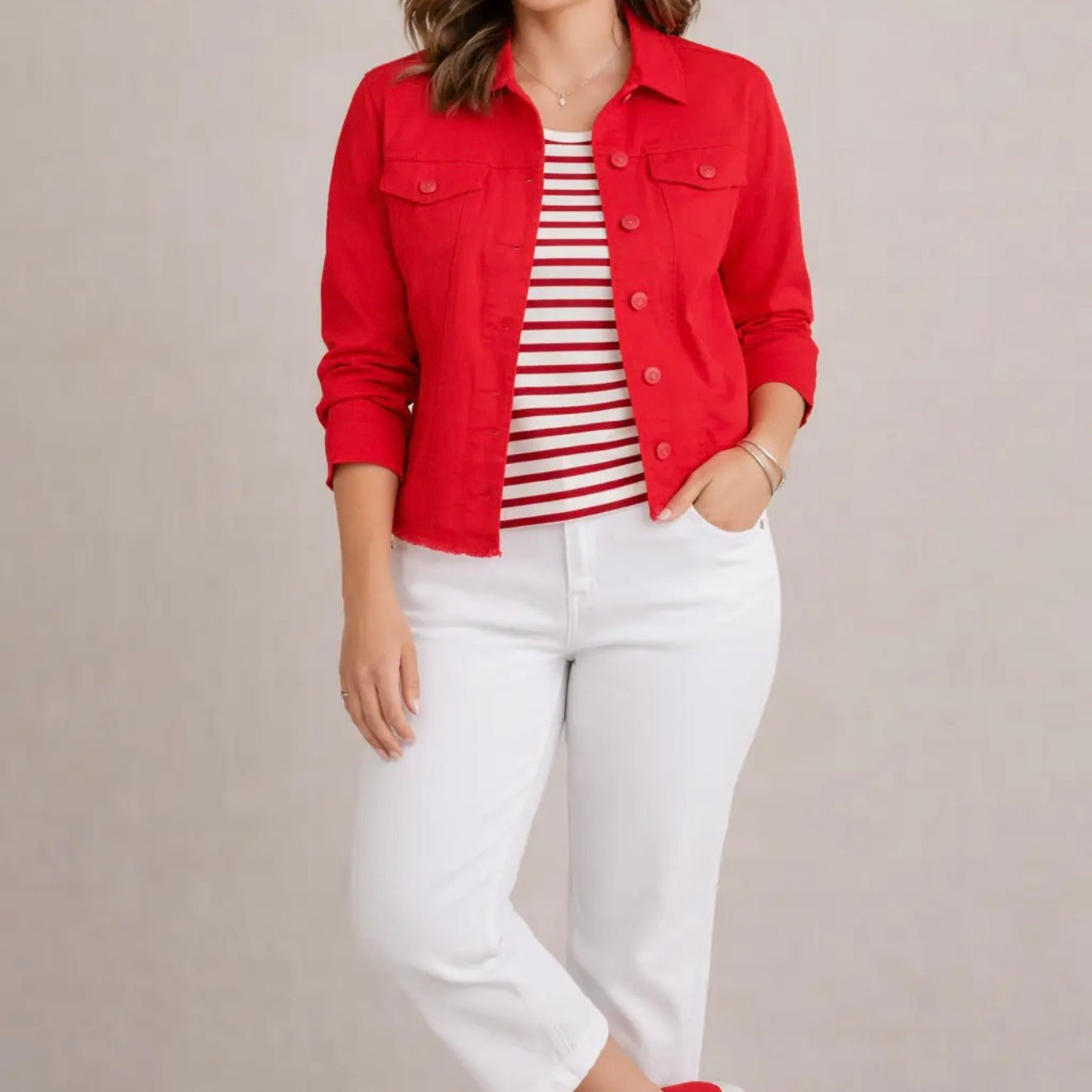 Frayed Denim Jacket Strawberry Red