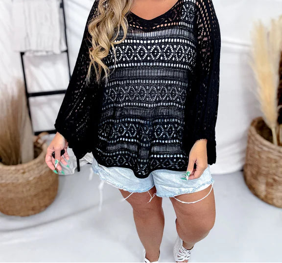 Open Knit Boatneck Dolman Sleeve