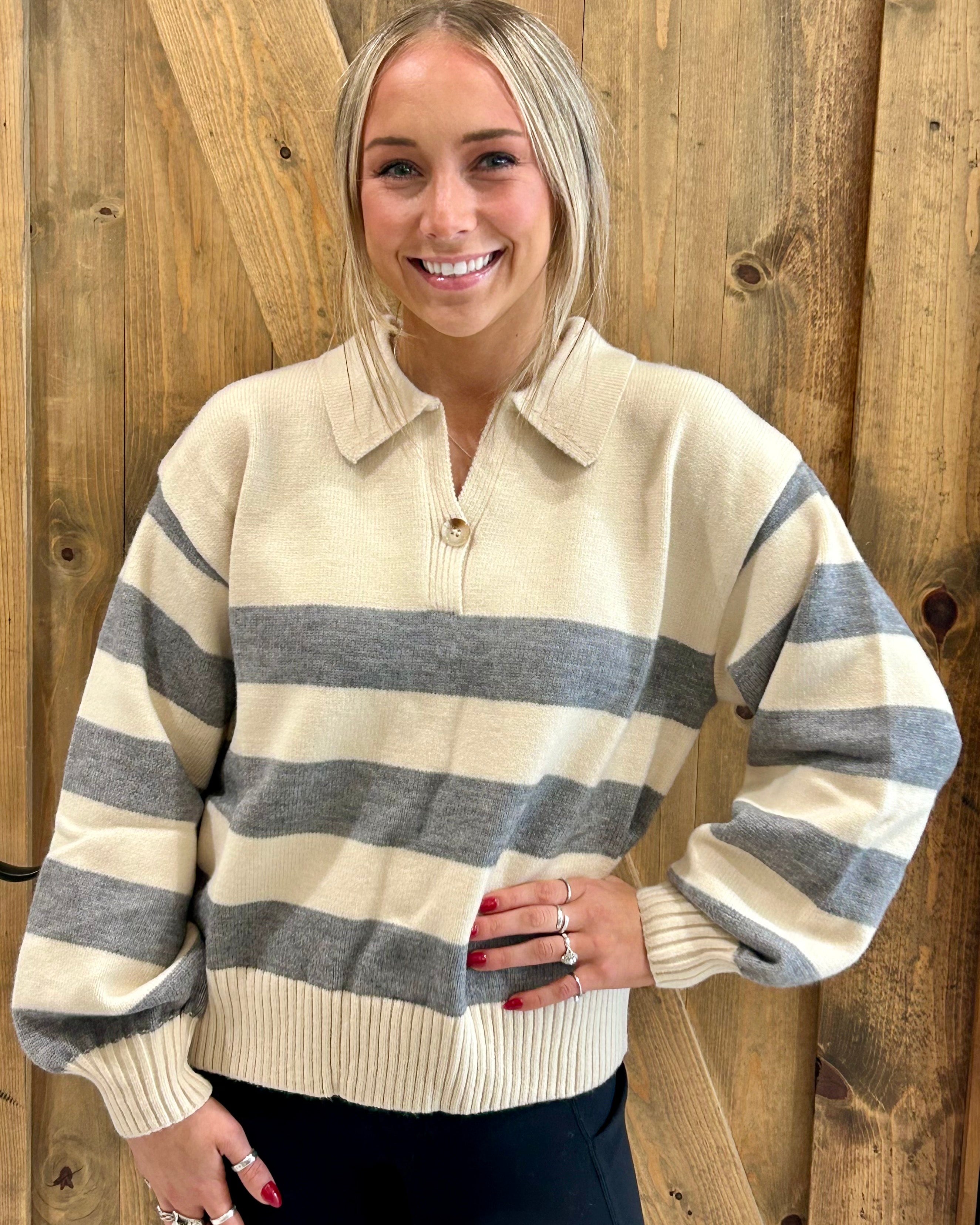 Striped Polo Collar Knit Sweater