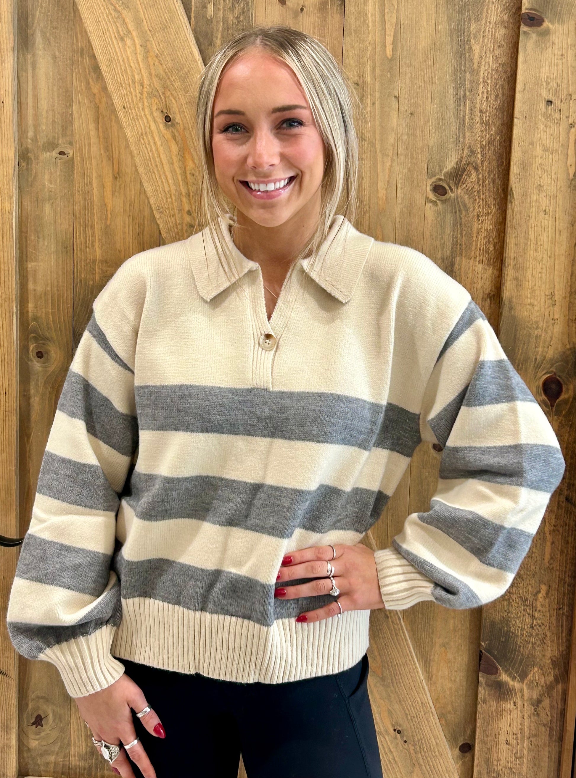 Striped Polo Collar Knit Sweater