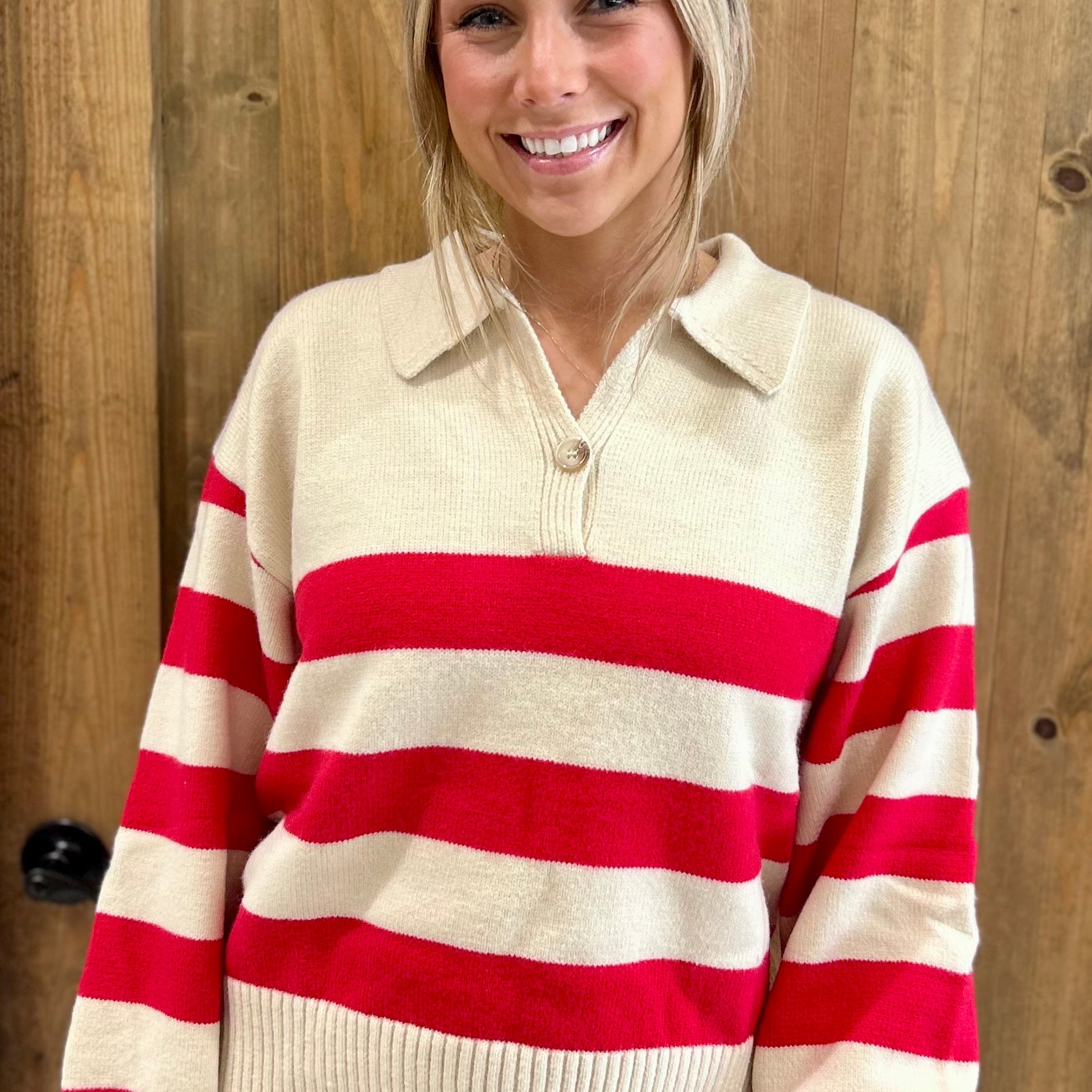 Striped Polo Collar Knit Sweater