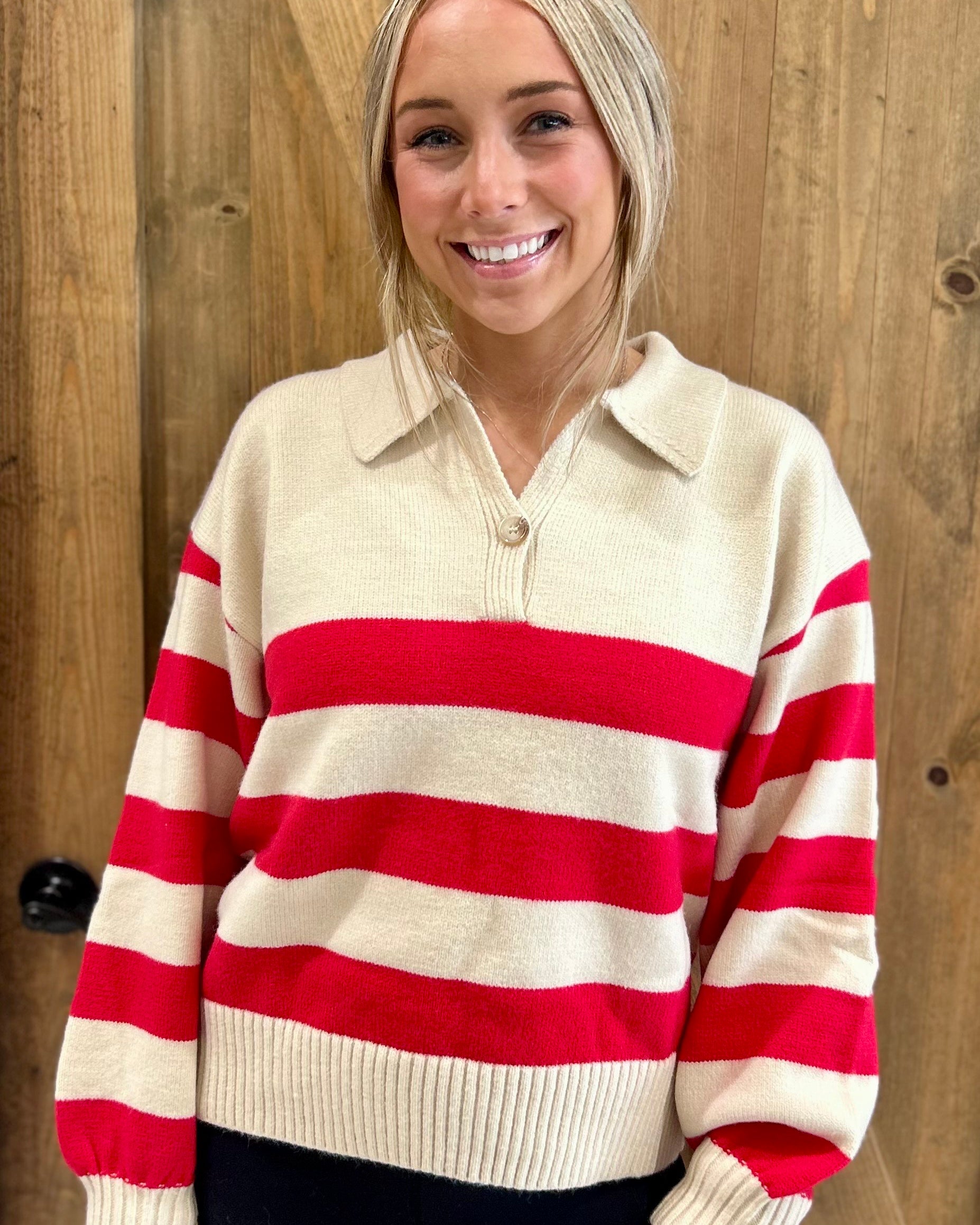 Striped Polo Collar Knit Sweater