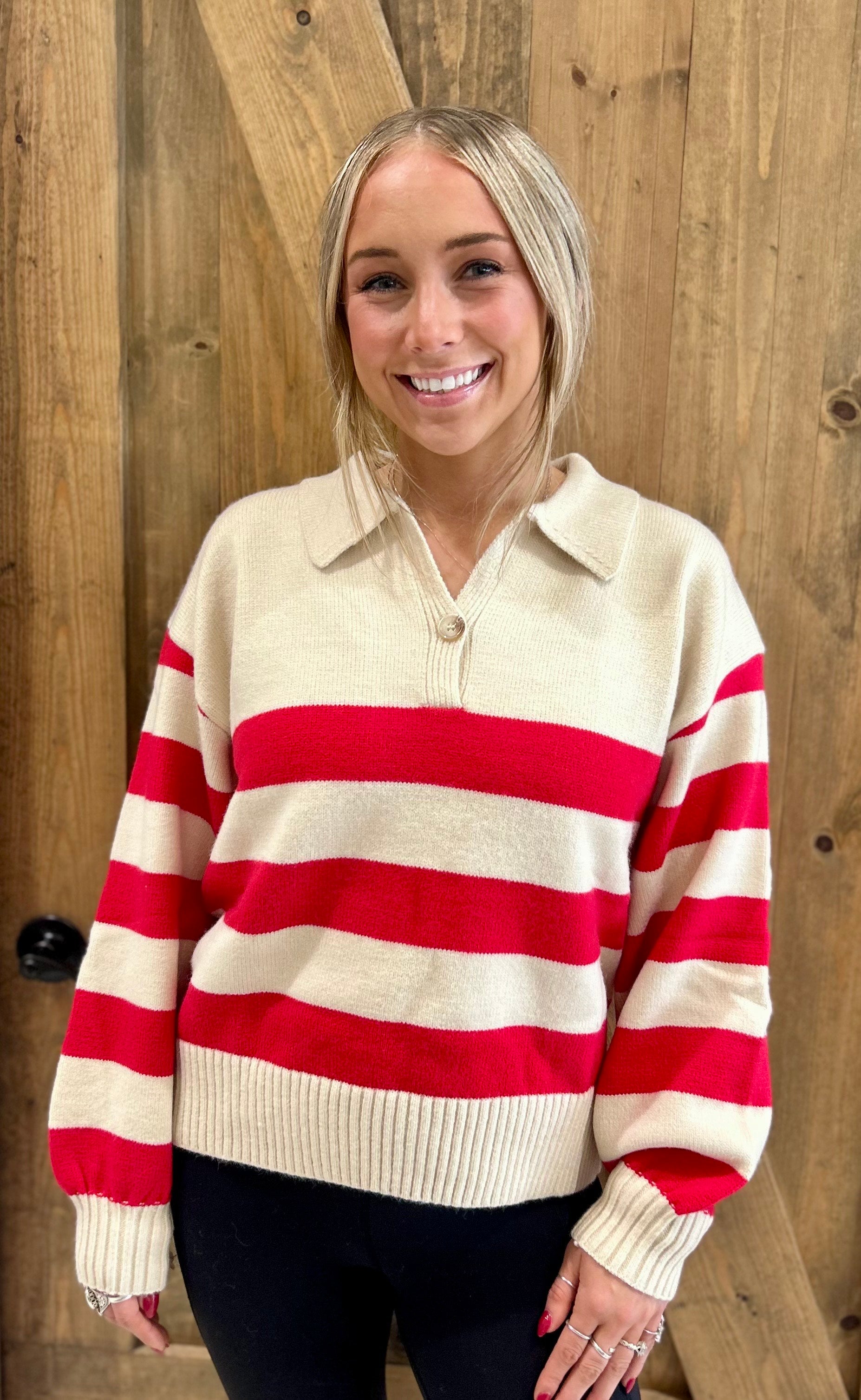 Striped Polo Collar Knit Sweater