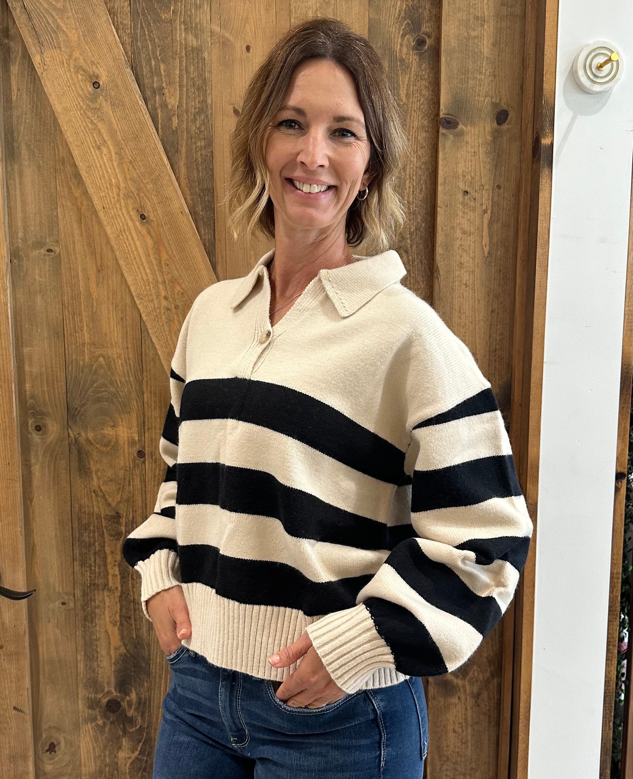 Striped Polo Collar Knit Sweater
