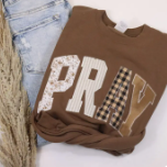 Brown Sweatshirt with PRAY patchwork design