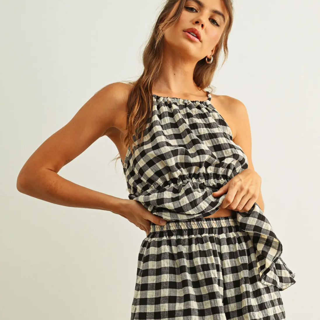 Miou Muse Gingham Sleeveless Halter Top – Timeless Checkered Blouse