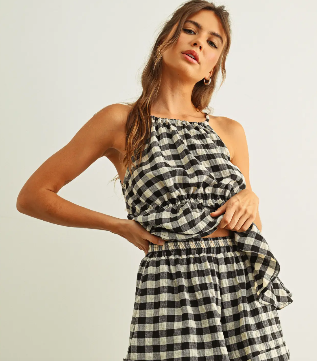 Miou Muse Gingham Sleeveless Halter Top – Timeless Checkered Blouse