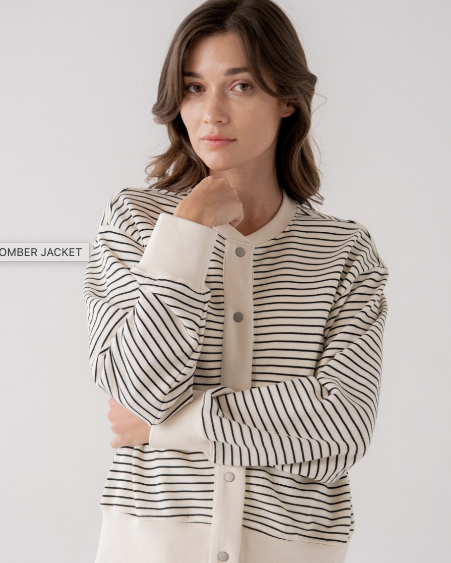 Elle Grey Striped Snap Front Bomber Cardigan