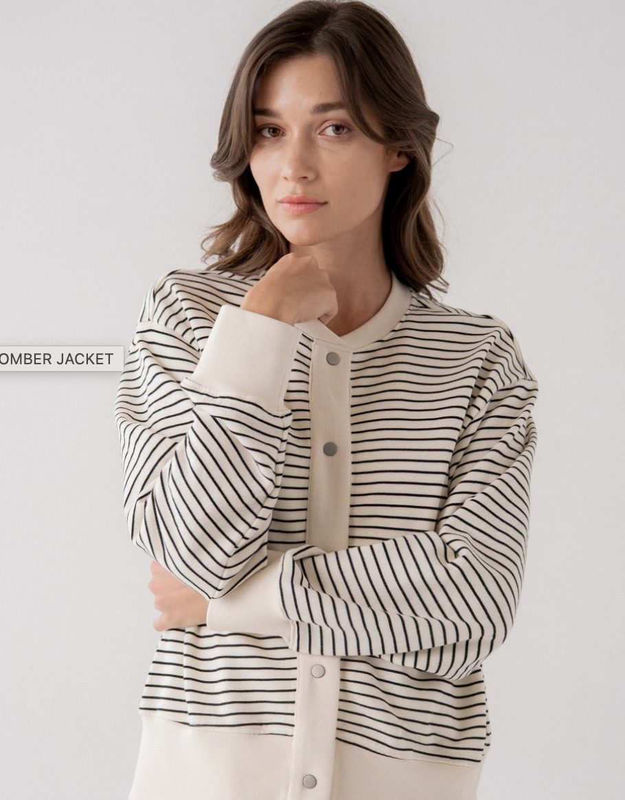 Elle Grey Striped Snap Front Bomber Cardigan