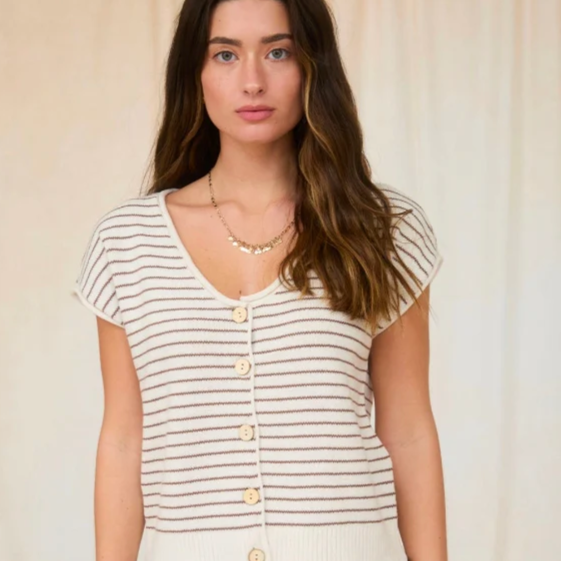 Chic Stripe Raw Edge Short Sleeve Cardigan