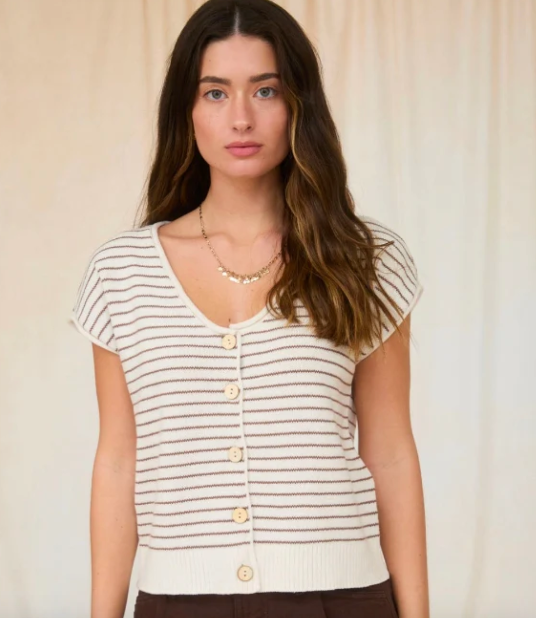 Chic Stripe Raw Edge Short Sleeve Cardigan