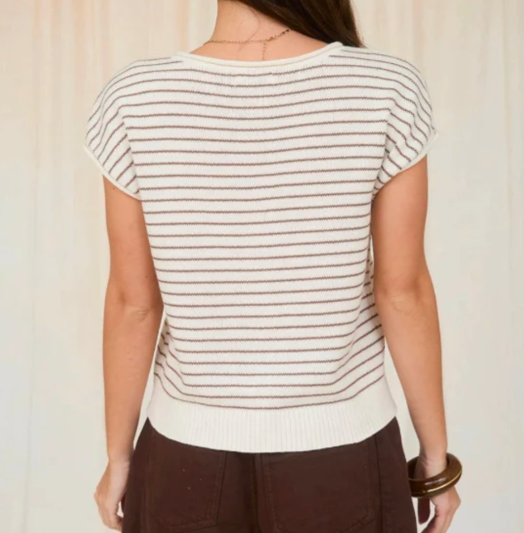 Chic Stripe Raw Edge Short Sleeve Cardigan