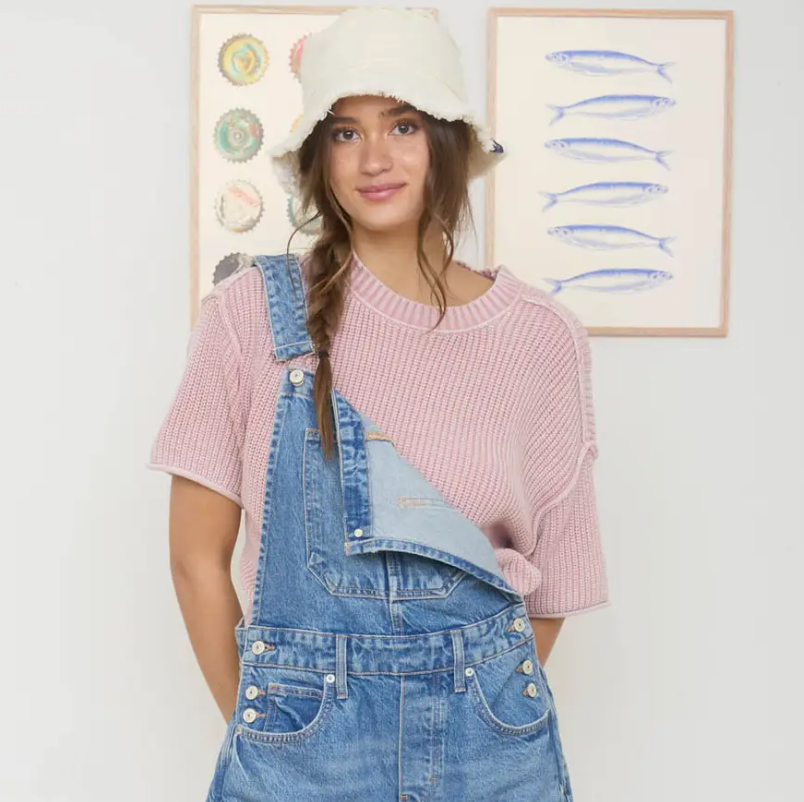 Premium Washed Raw Edge Short Sleeve Knit Sweater