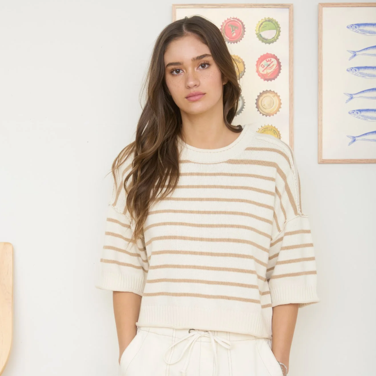 Stripe Drop Shoulder Short Sleeve Sweater - Khaki