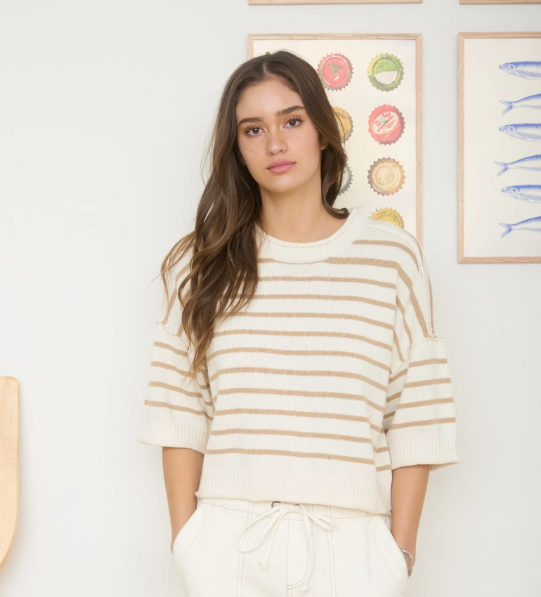 Stripe Drop Shoulder Short Sleeve Sweater - Khaki