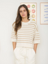 Stripe Drop Shoulder Short Sleeve Sweater - Khaki