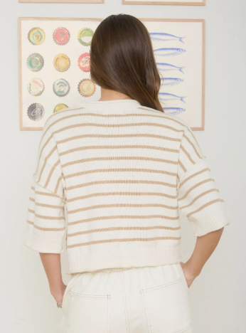 Khaki Stripe Oversized Short Sleeve Sweater | Relaxed Drop Shoulder Knit