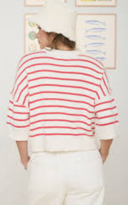 Khaki Stripe Oversized Short Sleeve Sweater | Relaxed Drop Shoulder Knit