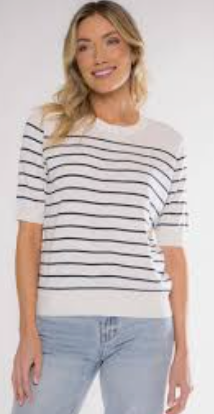 Khaki Stripe Oversized Short Sleeve Sweater | Relaxed Drop Shoulder Knit
