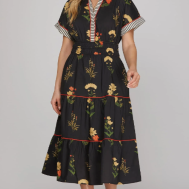 Floral Contrast Cuff Tiered Midi Dress-Black