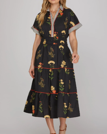 Floral Contrast Cuff Tiered Midi Dress-Black