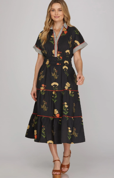 Floral Contrast Cuff Tiered Midi Dress-Black