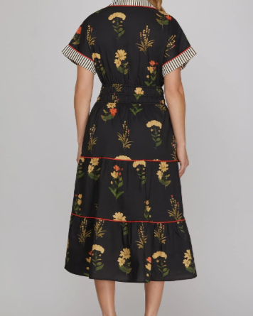 Floral Contrast Cuff Tiered Midi Dress-Black