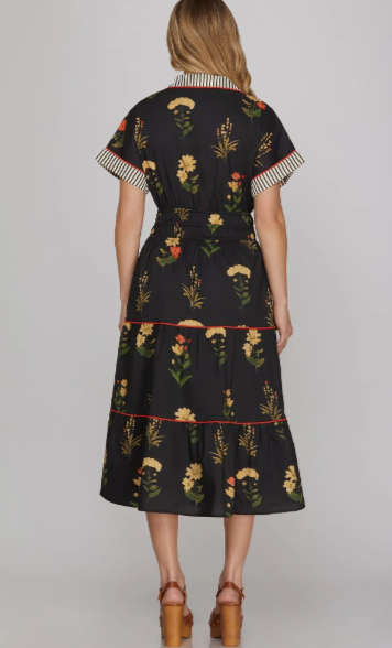 Floral Contrast Cuff Tiered Midi Dress-Black