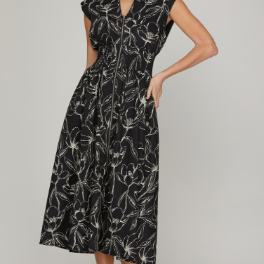 Front Zip Smocked Midi Dress with Pockets-Black Floral