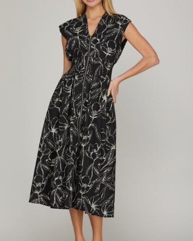 Front Zip Smocked Midi Dress with Pockets-Black Floral