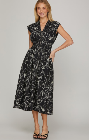 Front Zip Smocked Midi Dress with Pockets-Black Floral