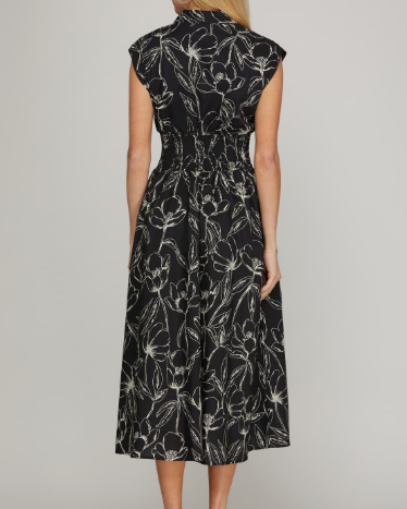 Front Zip Smocked Midi Dress with Pockets-Black Floral
