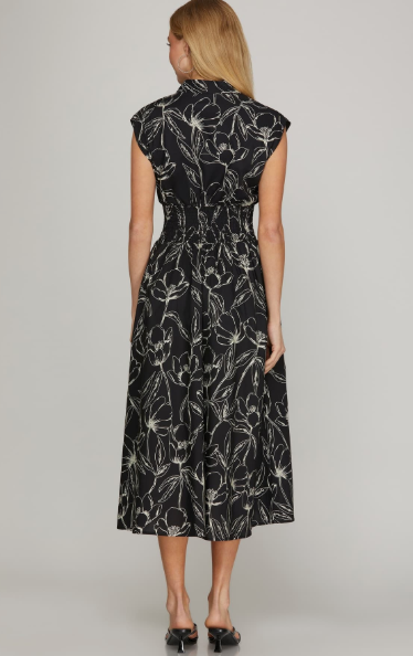 Front Zip Smocked Midi Dress with Pockets-Black Floral