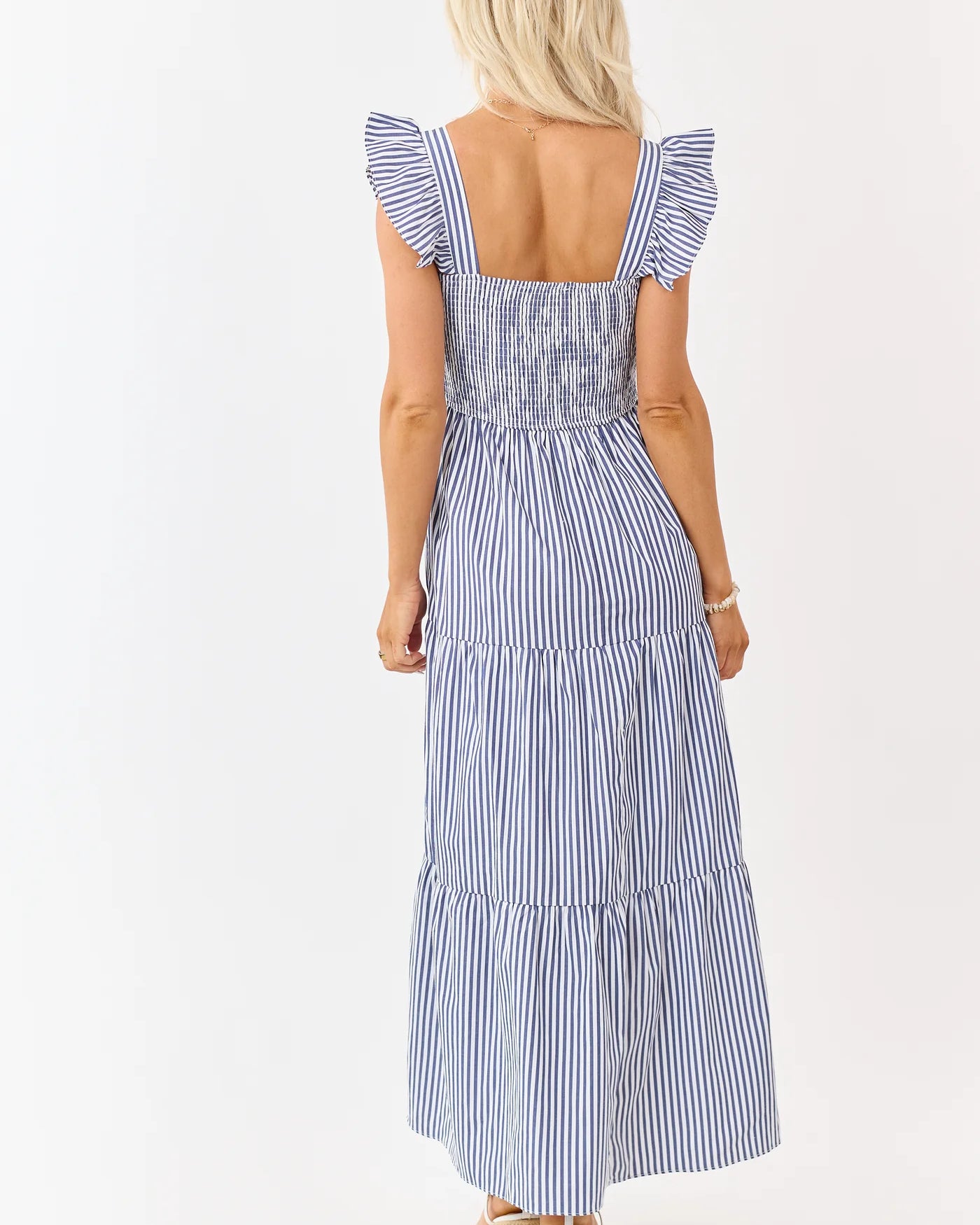 She & Sky Navy Striped Ruffle Strap Tiered Maxi Dress
