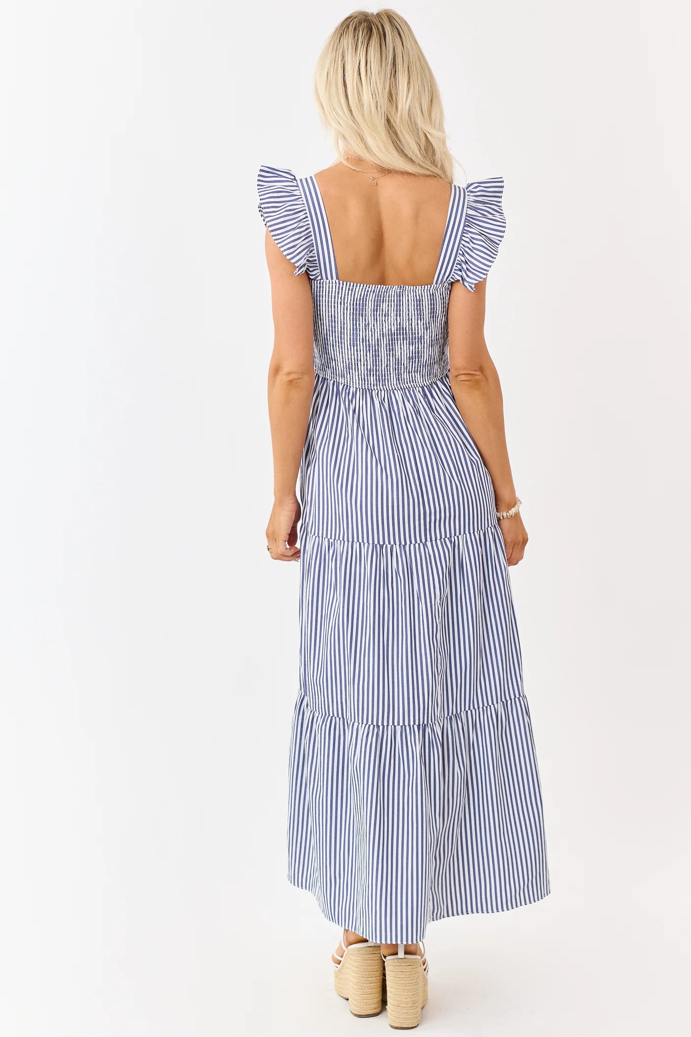 She & Sky Navy Striped Ruffle Strap Tiered Maxi Dress