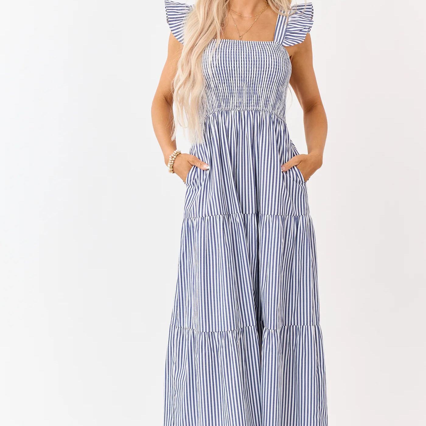 She & Sky Navy Striped Ruffle Strap Tiered Maxi Dress