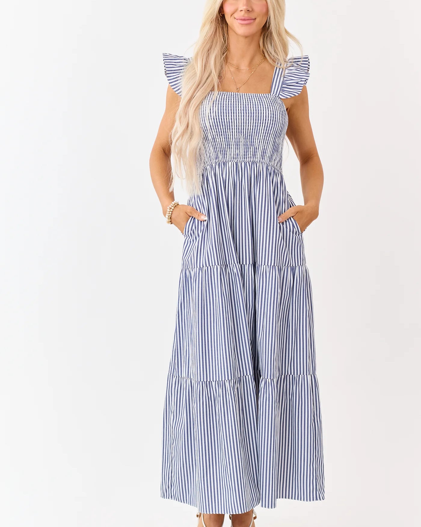 She & Sky Navy Striped Ruffle Strap Tiered Maxi Dress