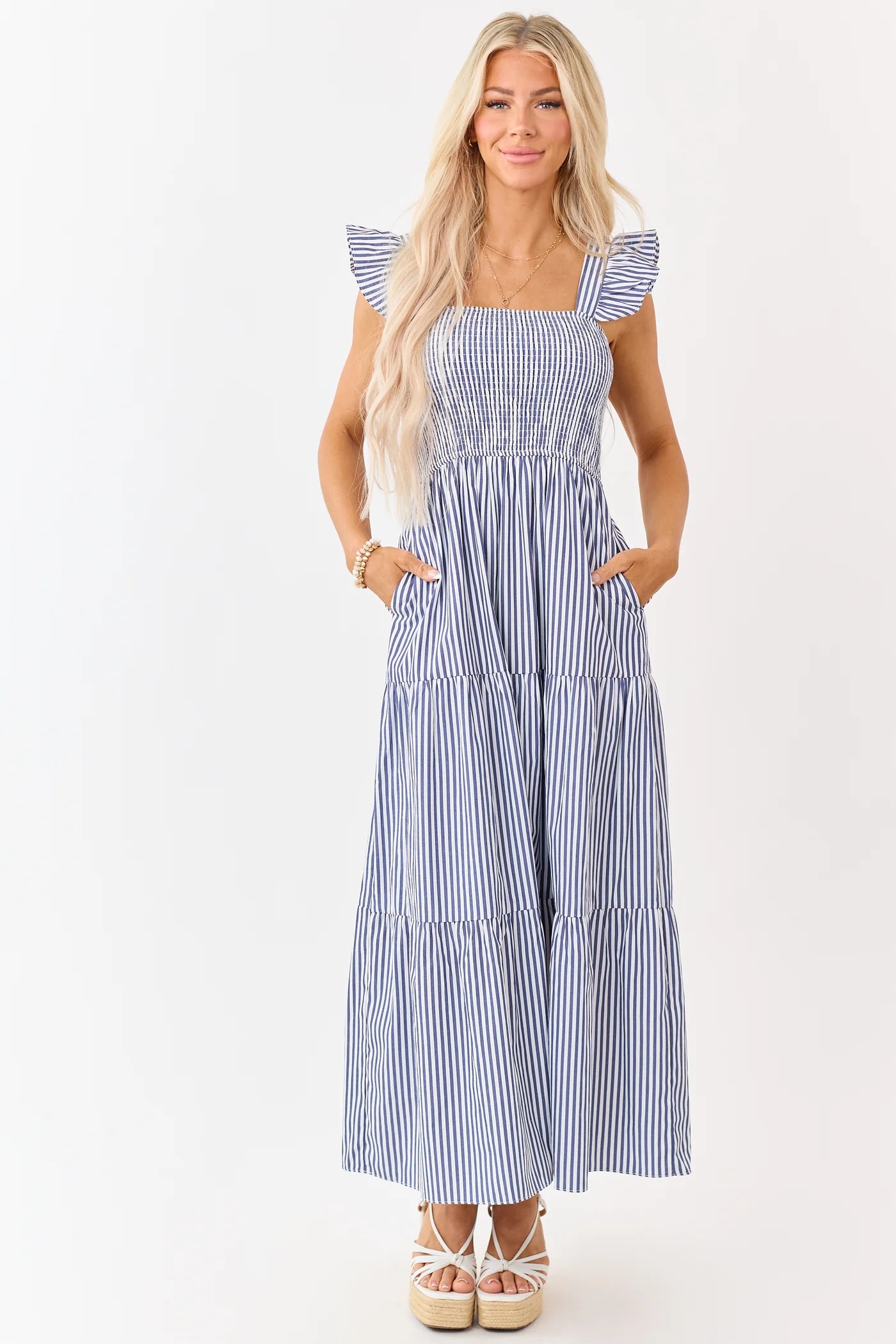 She & Sky Navy Striped Ruffle Strap Tiered Maxi Dress