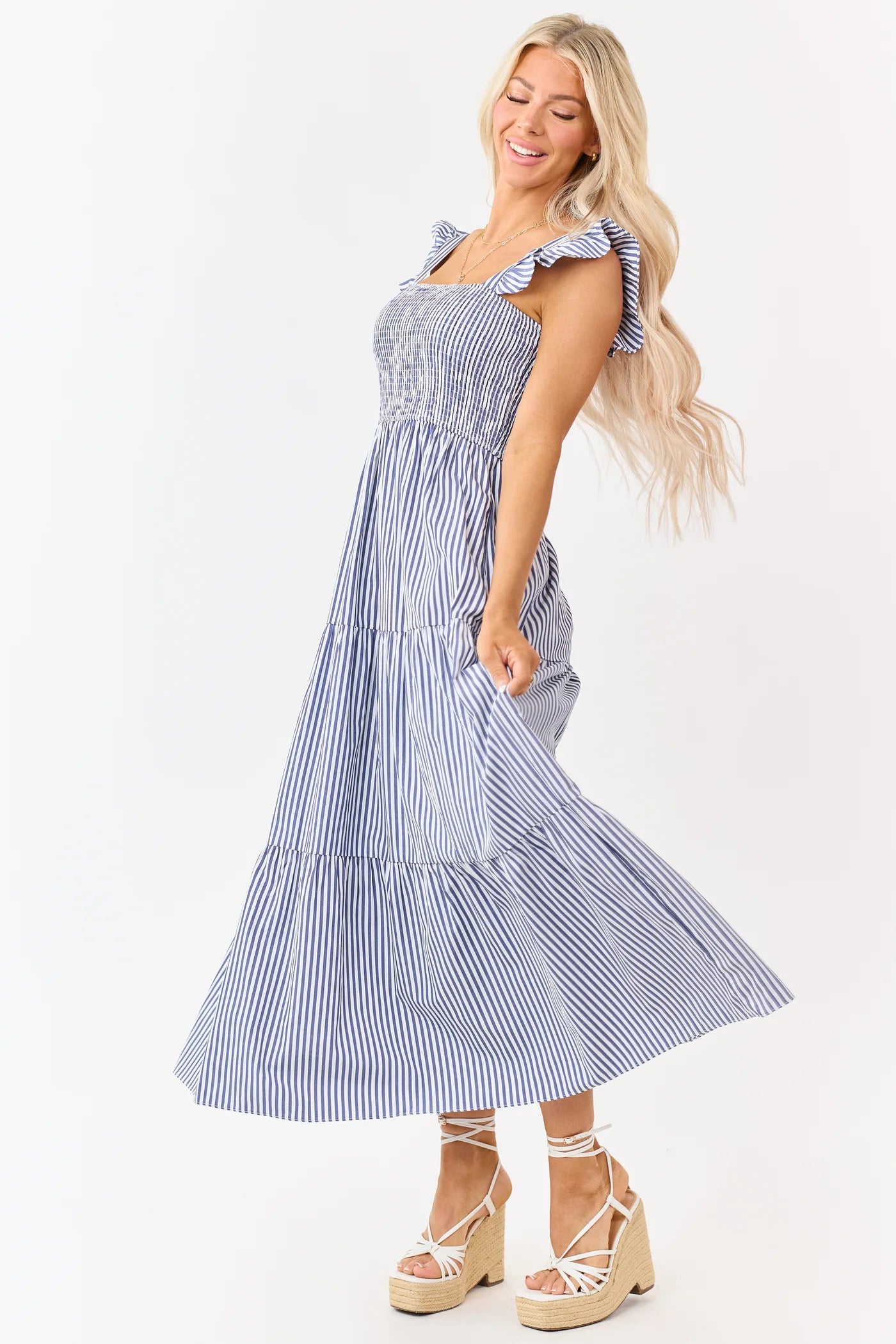 She & Sky Navy Striped Ruffle Strap Tiered Maxi Dress