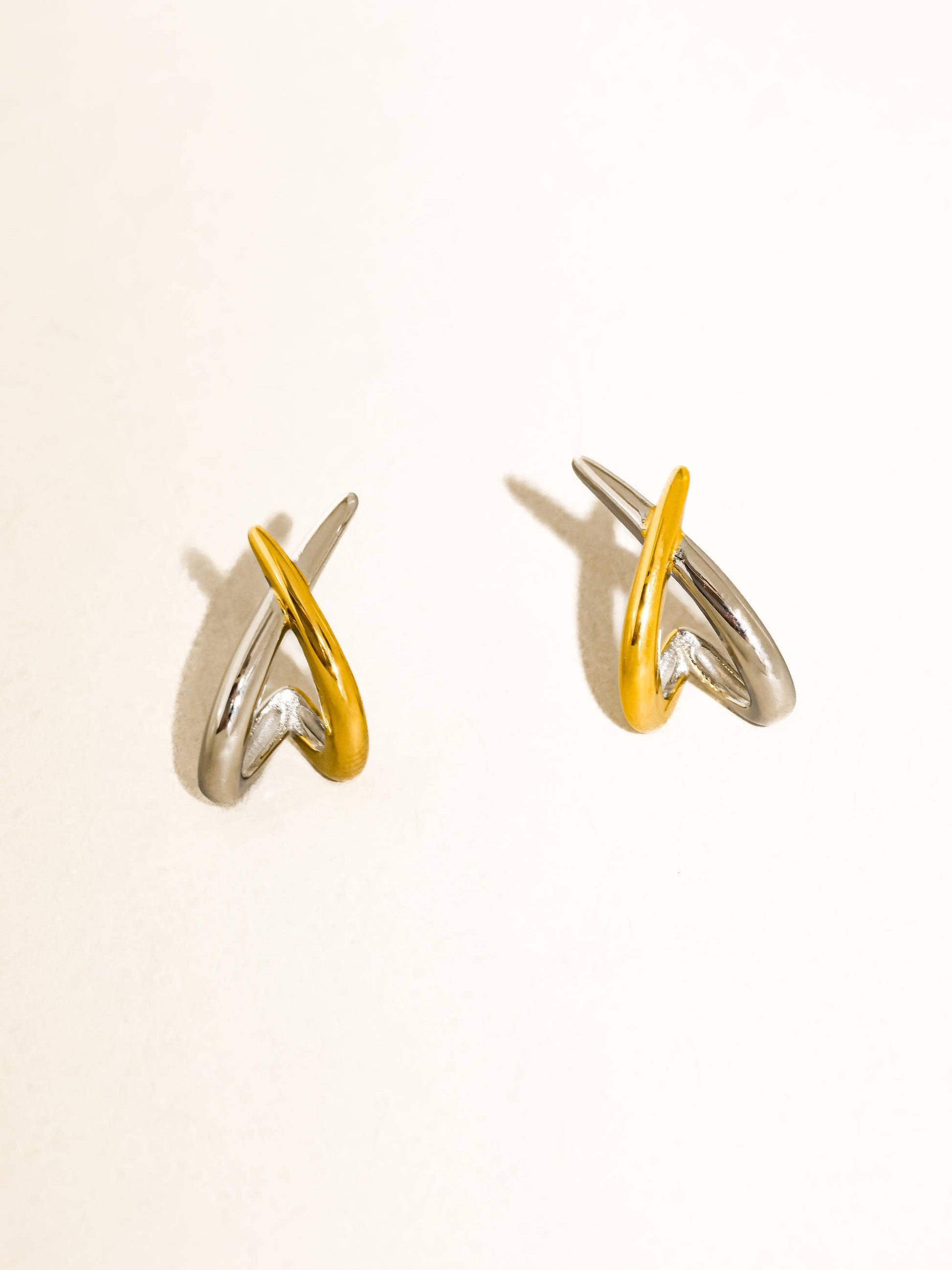 Staven 18K Gold Non-Tarnish Two Tone Crossover Earrings
