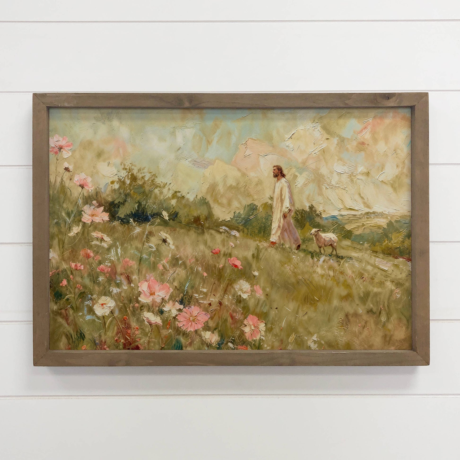 Lamb Following Jesus Wildflowers - Cottage Living Room Art