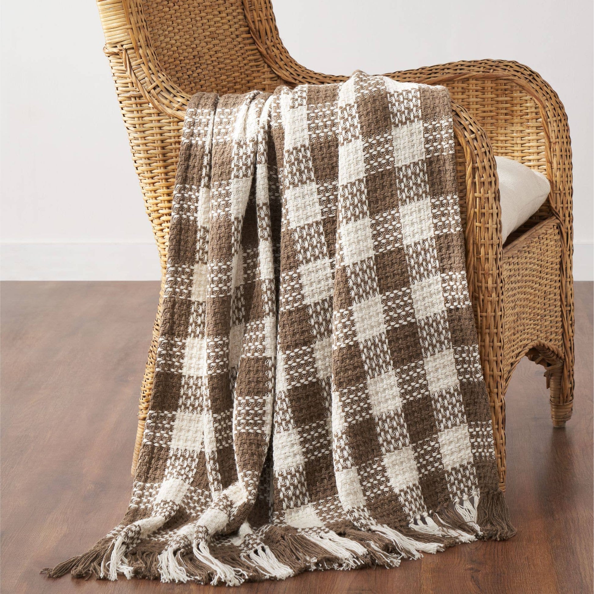 Cocoa Brown Heritage Check Throw Blanket with Fringe 50x60