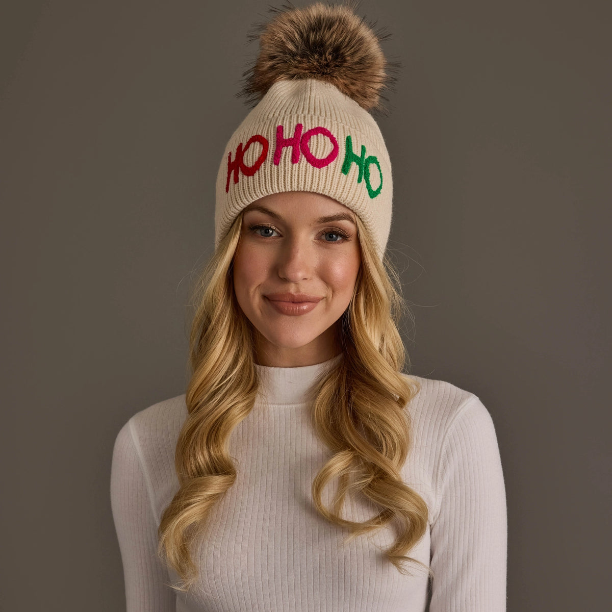 Panache Beige Ho Ho Ho Knit Pom Hat