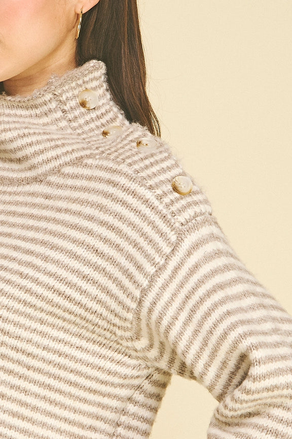 Pinch Striped Button-Shoulder Mock Neck Knit Sweater