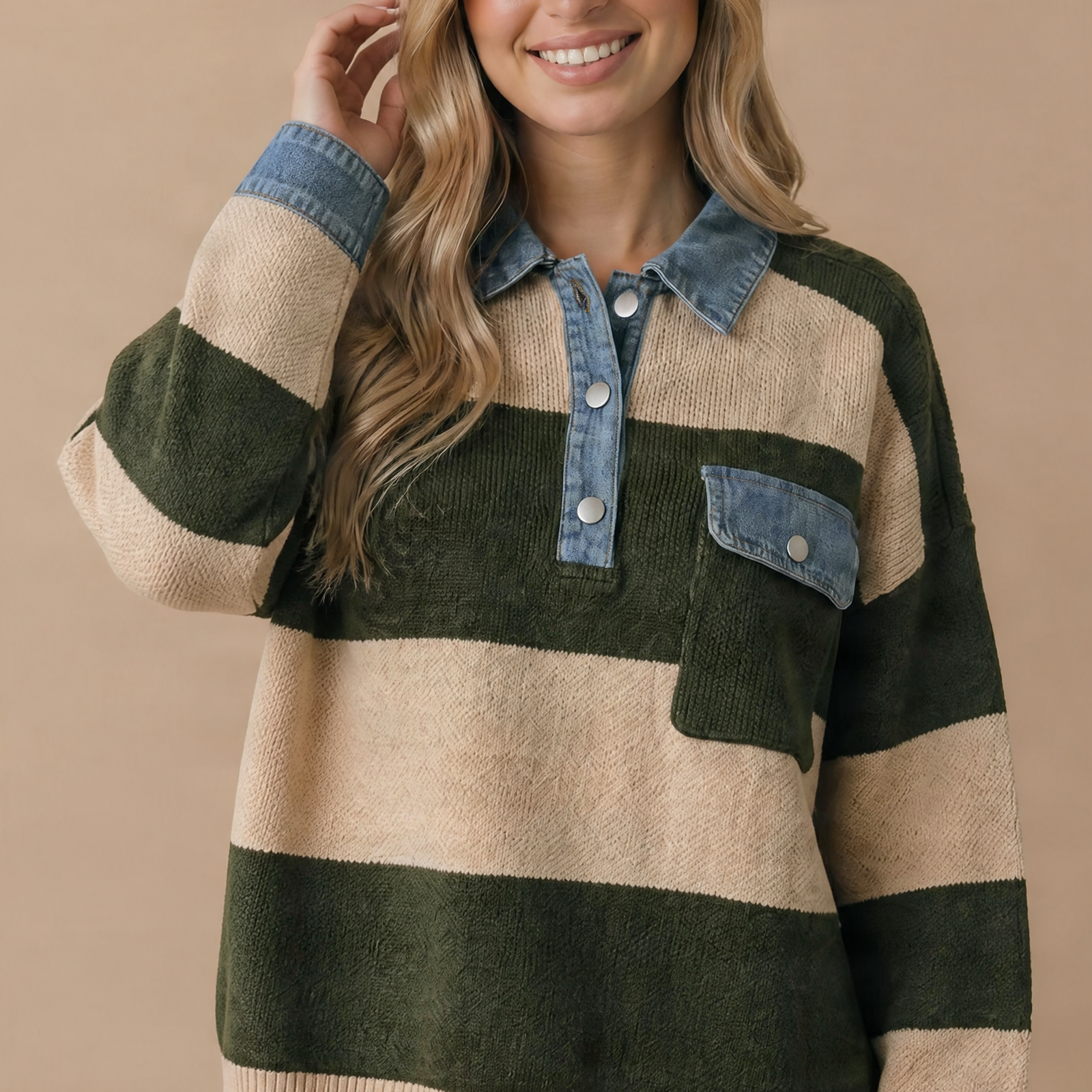 Stripe & Denim Contrast Oversized Knit Polo Sweater